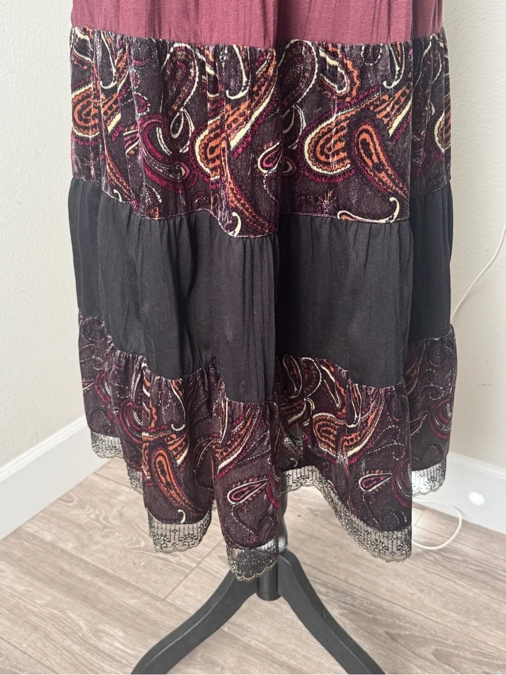 Vintage 90s FANG Whimsigoth Tiered Paisley Maxi Skirt Burgundy Black